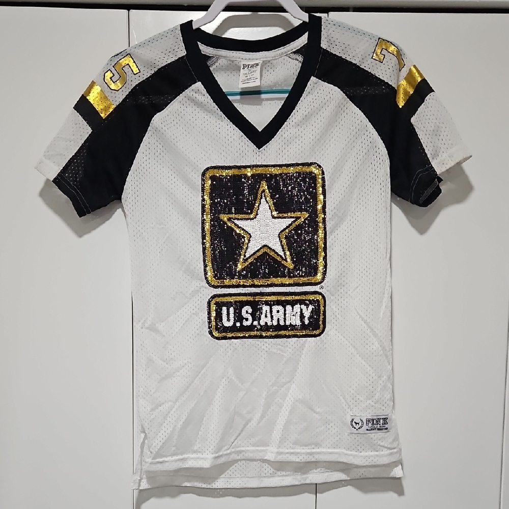 PINK Victoria’s Secret U.S. Army Sequin Football Jersey White Gold Size XS